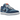 Nike SB Dunk Low Pro Why So Sad baskets vue latérale avec empeigne en cuir bleu, swoosh jaune et semelle intermédiaire blanche et rouge.