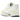 Nike Air Max 1 White Alabaster baskets en vue latérale inclinée avec une empeigne blanche, un logo swoosh doré et une unité Air visible au talon.