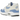 Nike Air Max 1 Royal Pulse baskets vue latérale angulaire avec superpositions en daim bleu clair, empeigne en mesh blanc et amorti Air visible