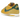 Nike Cortez Textile Yellow Ochre Gorge Green baskets vue latérale avec empeigne en textile jaune, swoosh vert et semelle intercalaire blanche.