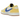Baskets Air Jordan 1 Retro Low OG SP Travis Scott Canary vue de profil avec empeigne en cuir jaune, Swoosh bleu et semelle intermédiaire crème.