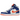 Air Jordan 1 Mid Knicks baskets en vue latérale avec des détails en cuir bleu et orange, une semelle intermédiaire blanche et un logo Swoosh noir