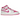 Baskets Air Jordan 1 Mid Fire Pink vue latérale avec base en cuir blanc, détails roses, logo Swoosh noir et semelle blanche