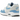 Nike Air Max 1 White University Blue baskets vue latérale avec empeigne blanche, garde-boue bleu ciel, Swoosh bleu et unité Air visible
