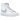 Nike Blazer Mid 77 Blue Gingham baskets vue latérale avec empeigne en cuir blanc, motif à carreaux bleus et swoosh blanc sur le côté.