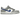 Nike Dunk Low Mini Swoosh Wolf Grey Game Royal baskets vue latérale avec empeigne en cuir gris, swoosh bleu, lacets blancs et semelle assortie.