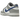 Nike Dunk Low Mini Swoosh Wolf Grey Game Royal baskets vue sous angle avec empeigne en cuir gris, swoosh bleu et semelle blanche