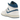 Air Jordan 1 Mid SE Industrial Blue baskets, vue sous angle montrant du cuir blanc, détails bleus sur l'empeigne, logo Swoosh et semelle blanche.