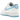 Nike Air Force 1 Low '07 White Aquarius Blue baskets en profil. Tige en cuir blanc avec détails bleu vif sur le swoosh, le talon et le logo Air.
