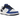 Nike Dunk Low Game Royal Navy baskets vue latérale avec superpositions en cuir bleu, base blanche, swoosh classique et lacets bleus.