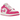 Jordan 1 Low Fire Pink baskets en vue latérale avec panneaux en cuir blanc, logo Swoosh rose vif et semelle en caoutchouc pour un look élégant.