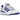 Adidas Forum Low White Royal Blue baskets vue latérale avec empeigne en cuir blanc, détails bleu roi, système de laçage et bride à la cheville