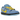 Nike SB Dunk Low The Powerpuff Girls Bubbles baskets vue de face avec suède bleu vif, lacets jaunes et les grands yeux caractéristiques de Bubbles.