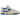 New Balance 550 Heron Blue Sea Salt baskets vue latérale avec empeigne en cuir blanc, détails bleus sur le logo et semelle intermédiaire crème