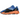 Adidas Yeezy Boost 700 Bright Blue baskets en vue inclinée, avec une empeigne en daim bleu, des détails noirs et des lacets épais réfléchissants
