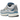 Nike P-6000 Metallic Silver Aegean Storm baskets vue inclinée avec superpositions argentées, détails bleus et semelle intermédiaire blanche