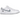 Baskets Nike SB Dunk Low Supreme 94 White Metallic Silver profil avec empeigne en cuir blanc, virgule argentée métallisée et semelle intermédiaire blanche.