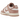 Nike Dunk Low Rose Whisper Gold Mini Swoosh baskets de profil avec des details en cuir rose pale et blanc et un mini swoosh dore