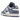 Nike Dunk Low World Indigo Mini Swoosh baskets vue latérale avec base en cuir blanc, empiècements bleu indigo, lacets blancs et mini swoosh brodé.