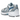 New Balance 530 Silver Metallic Heron Blue baskets en vue latérale avec une tige en mesh argenté et des détails bleus