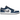 Air Jordan 1 Low True Blue baskets dans un profil latéral classique avec une empeigne en cuir blanc, des détails bleus et du gris.