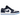 Jordan 1 Low Midnight Navy University Blue baskets en vue laterale avec des details en cuir bleu et blanc et un swoosh noir
