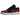 Jordan 1 Low Bred Twist baskets en vue sous angle avec empeigne en cuir noir et rouge, lacets et semelle blanche